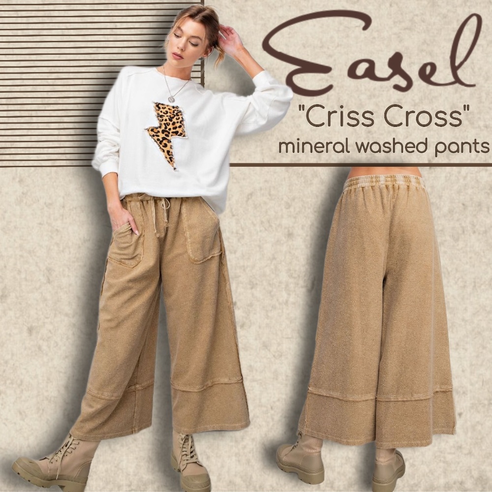 EASEL "Criss Cross" Mineral Washed Distressed Seams Cropped Pants Pockets Cotton